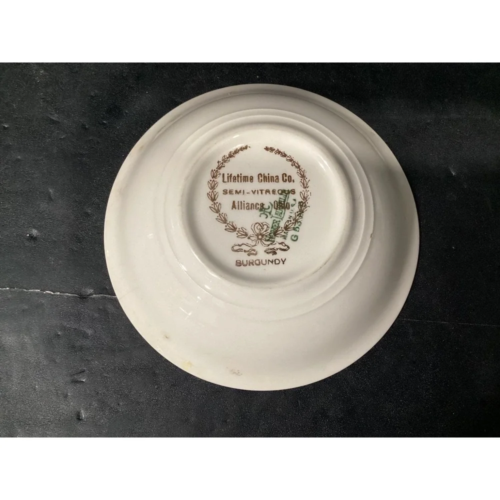 Lifetime China Co Burgundy w White Magnolia Semi-Vitrous 2 Dessert Berry Bowls